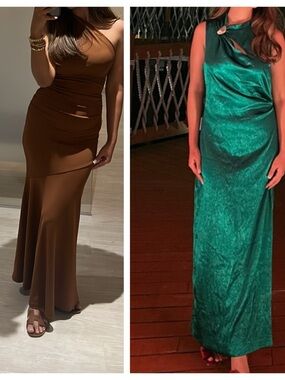 Zara Brown One-Shoulder Gown & Zara Emerald Green Satin Dress